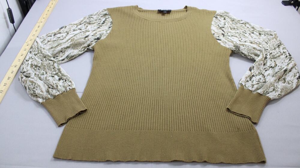 DKNY Sweater Womens XL Green Crew Neck Long Sleeve Ribbed Sheer Sleeves Stretch